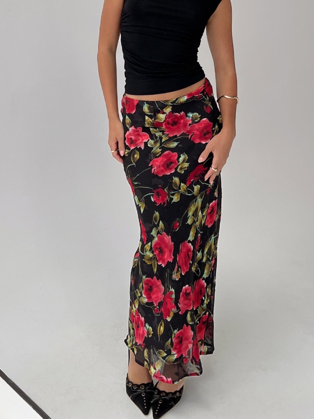 Princess Polly maxi black and red roses skirt